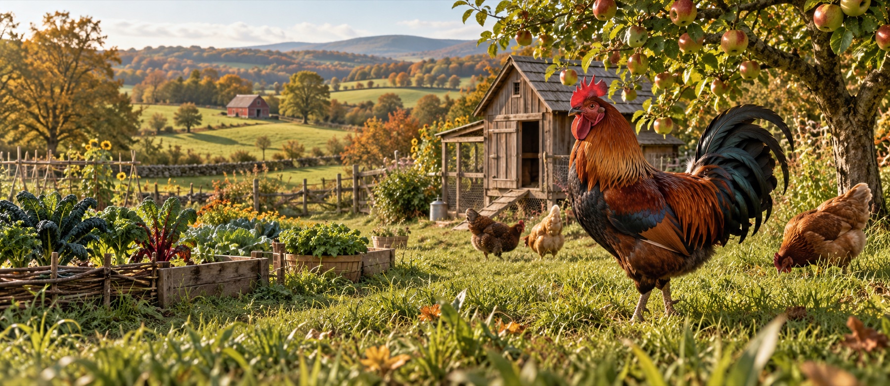 Editorial illustration of a russet rooster beside a vegetable garden and timber hen house in autumn countryside